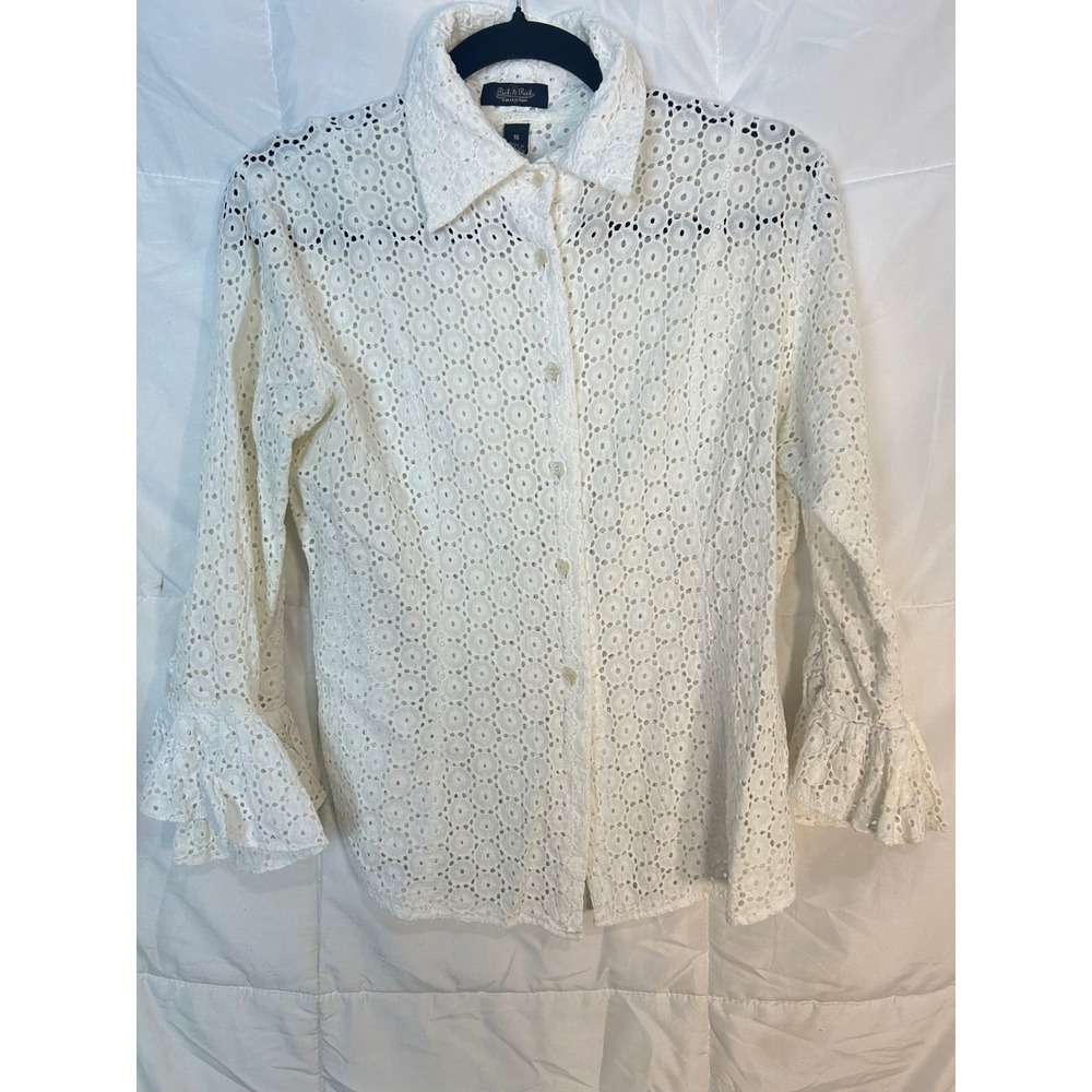 Peck & Peck Collection Womens White Eyelet Cotton Shirt Blouse Sz 16 Bell Sleeve